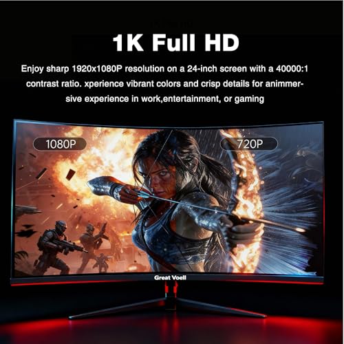 Image of Great voell 24 Inch Curved Gaming Monitor, 180Hz FHD 1080P Computer Monitor, 3000R Curved, FreeSync, Support DP /HDMI /USB Ports, 98% sRGB, 4000:1 Contrast Ratio for Home Office & Gaming-Wall Mountable