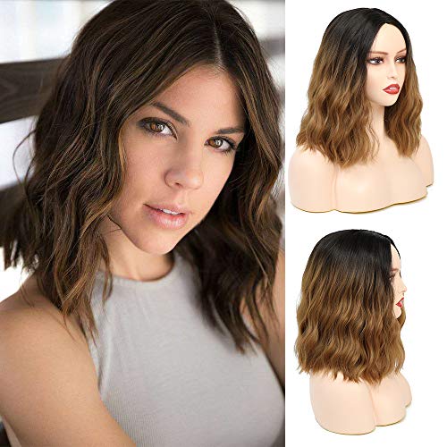 Ombre Short Wavy Synthetic Wigs for Women Ombre Hair Wig Synthetic Heat Resistant Fiber Short Light Brown Hair Wigs 1T/27 (Ombre Black&Light Brown)