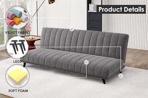 Image of Rosebell- Velvet Fabric Sofa Cum Bed 3-Seater Foldable Convertible Sofa, Modern Tufted Design Couch for Living Room, Guest Room & Office Grey Color