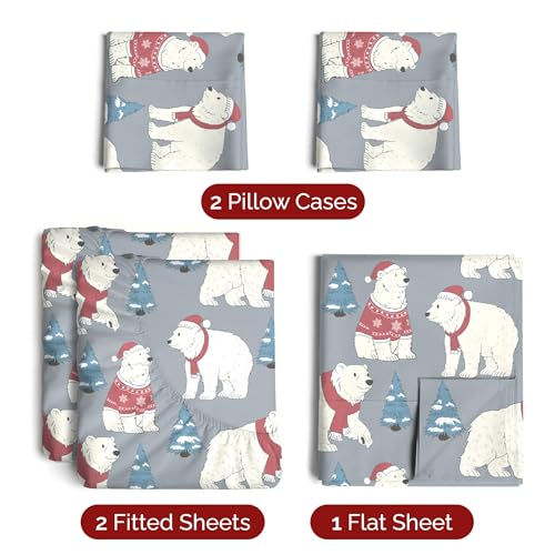 Split King Christmas Santa Bears Sheet Set - Holiday Xmas Pattern Bedding Set - Deep Pockets - Snug Fit - 5 Piece - Wrinkle Free - Comfy Festive Winter - Holiday Sheets for Women, Men, Kids & Teens