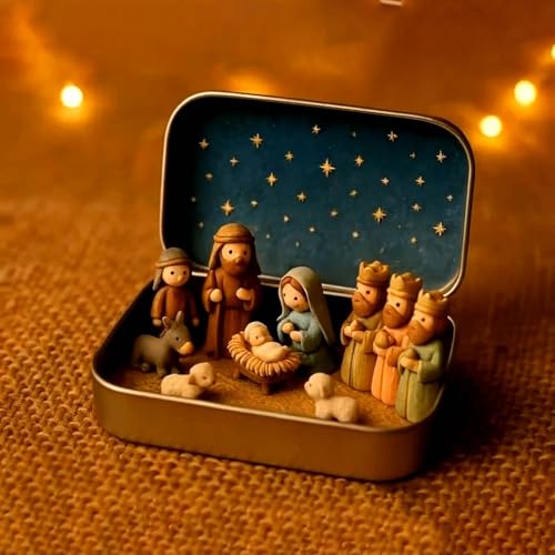 Juego de belén de Navidad en una Caja de, 13 x 2,5 x 8 cm, Resina 3D, Figuras de Oveja y Jesús, Caja de estaño para Pesebre, Juego de decoración Religiosa de Navidad, Regalo religioso