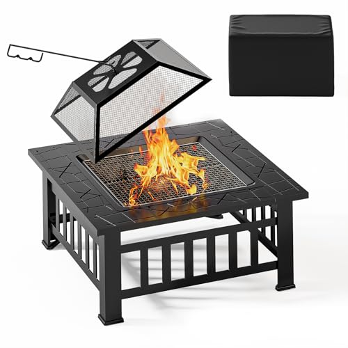 Xbro Brasero Exterior Jardin con Protector de Chispa,3 en 1 Fire Pit,Estufa Exterior,Barbacoa Exterior,Brasero Exterior con Cubierta Protectora Impermeable,Pozo de Fuego Cuadrado,Negro,81 x 81 x 35 cm