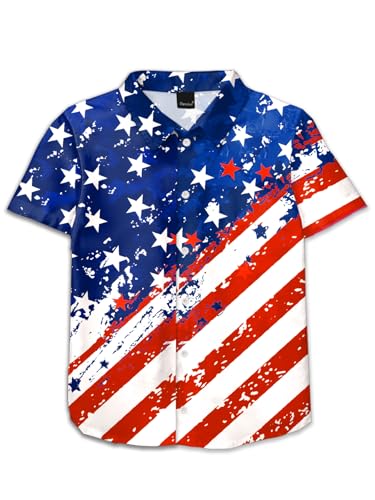 Image of Remimi Unisex Kids 4th of July Button Up Shirt Boys American Flag Print Hawaiian Beach Short Sleeve Tops 5-14 Years