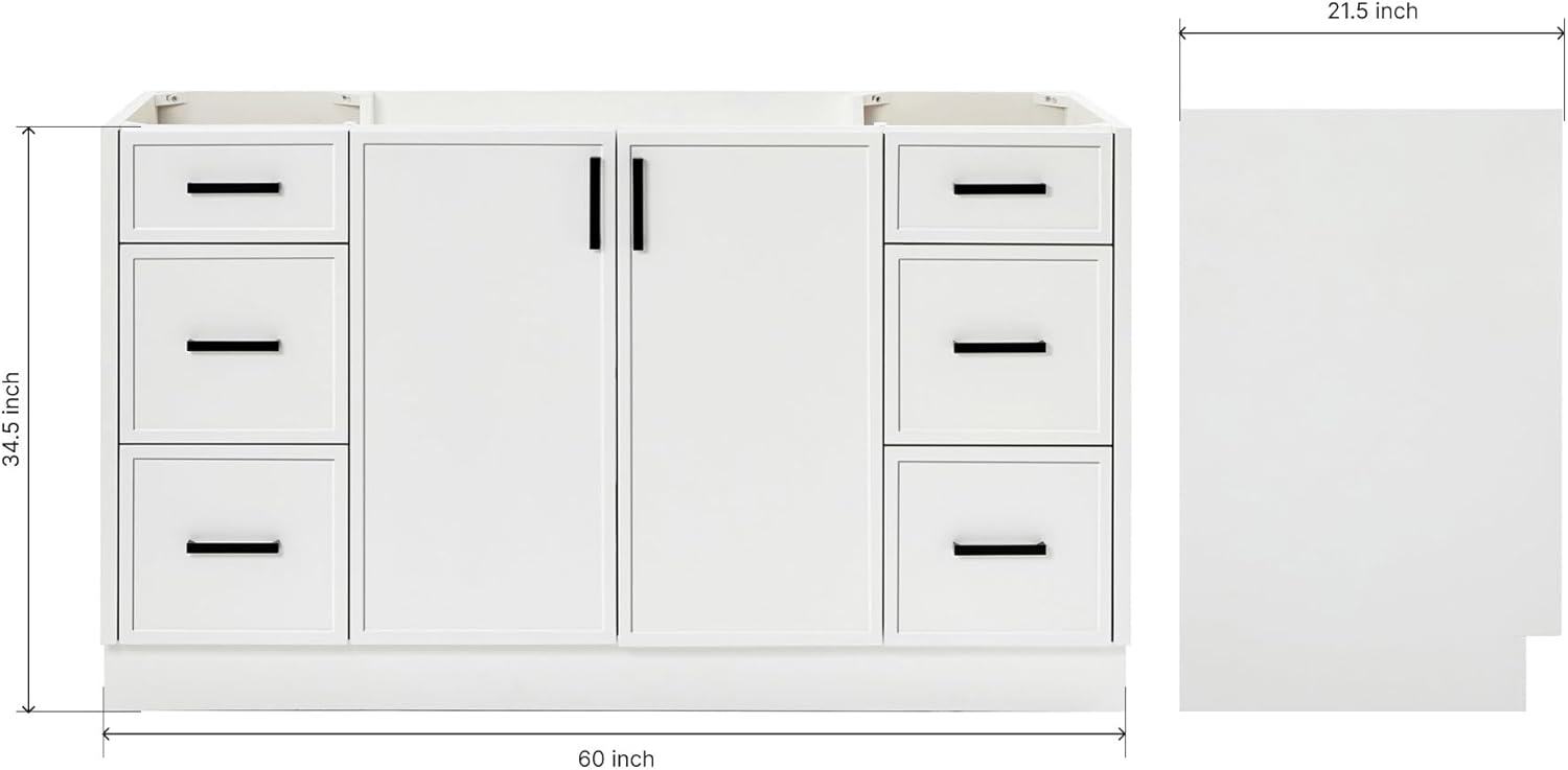 ARIEL Kelly 60-inch Bathroom Vanity Base Cabinet,Solid Wood, 2 Soft Closing Doors, 7 Dovetail Drawers, Matte Black, White