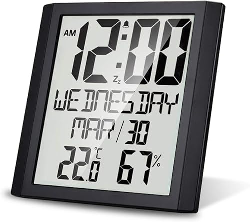 Lancoon Reloj de pared digital grande, reloj digital de temperatura y humedad interior con pantalla TN, tiempo de viaje silencioso adecuado para
