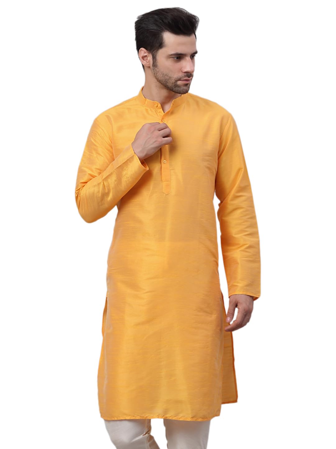 jompers Men's Solid Dupion Silk Kurtas (Yellow, XL)-picture-18