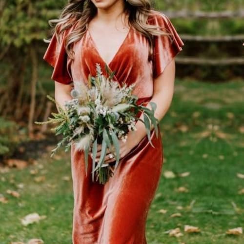Flutter Sleeve Velvet Bridesmaids Dresses V Neck Women Wedding Long Bridesmaid Dresses for Fall3