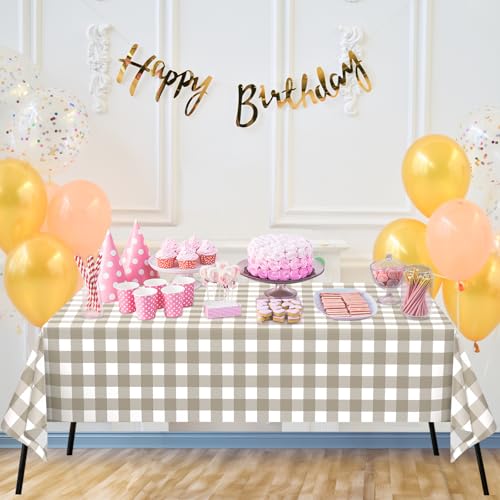 Image of WNINK 3 Pack Brown Checkered Rectangular Plastic Tablecloths, Brown and White Gingham Waterproof Disposable Table Covers 54 inch x 108 inch for Birthday, Baby Shower, Wedding, Outdoor Picnic Parties