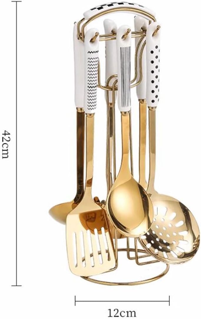 304 Stainless Steel Cooking Spatulas Spoons 7 Pieces Sets Utensils Draining Gadgets Kitchen Cookware(Gold)