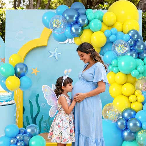 Image of Amandir 153pcs Blue and Yellow Balloons Arch Garland Kit Different Sizes | 18 12 10 5inch Teal Metallic Blue Yellow Flower Printed Clear Balloons for Cartoon Birthday Sea Theme Party Decorations