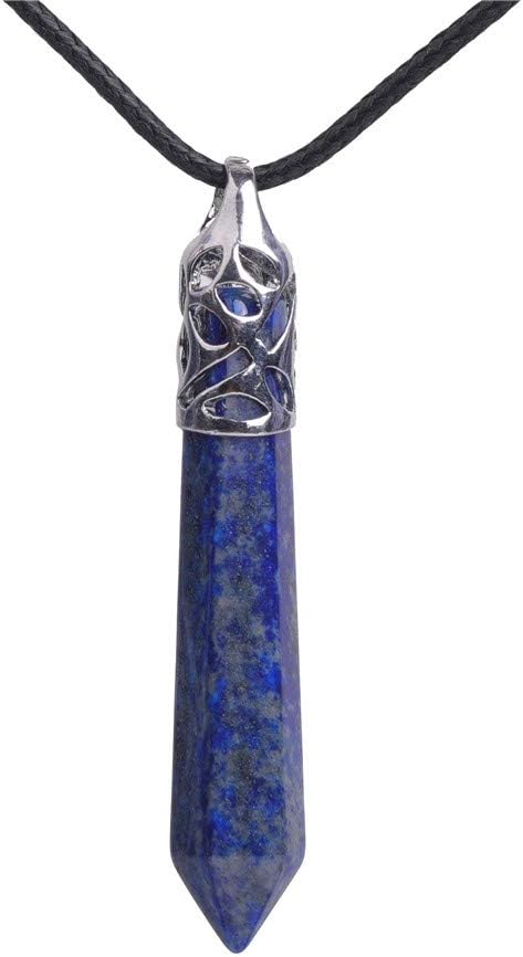 GEM-Inside Natural Blue Lapis Lazuli Gemstone Pendant Necklaces Gorgeous Faceted Handmade Wire Wrap Point Reiki Chakra Pendant Variation Colors Unisex Genuine Leather Cord 10X50mm 26"