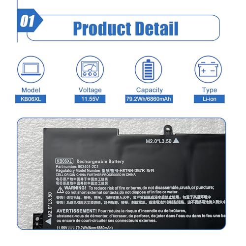 Image of 79.2Wh KB06XL Laptop Battery Replacement for HP Spectre X360 15-BL0XX 15-BL1XX 15-BL112DX Pavilion x360 14 Series HSTNN-DB7R KBO6XL TPN-Q179 902401-2C1 902499-856 11.55V 6860mAh