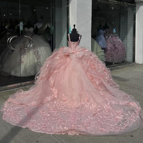 Spaghetti Straps Quinceanera Dresses with Bow Puffy Ruffled Ball Gown with Train Princess XV Dress SE0422