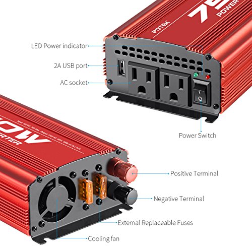 POTEK 750W Power Inverter DC 12 V to AC 115V Car Converter with 2A USB Charging Port
