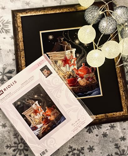 Image of RIOLIS - Winter Tea Time 1977, Christmas Cross Stitch, Cross Stitch Kits for Beginners & Advanced, Cross Stitch Kits for Adults, Counted Stitching Kits, Embroidery Kit Christmas