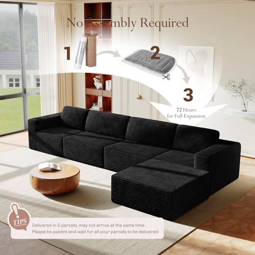 Image of Vesgantti 159 inch Large Modular Sectional Sofa, L-Shaped Corduroy Cloud Couch with Deep Seats & Spring Support, 4-Seater Boneless Sofa with Movable Ottoman, No Assembly Needed, Black
