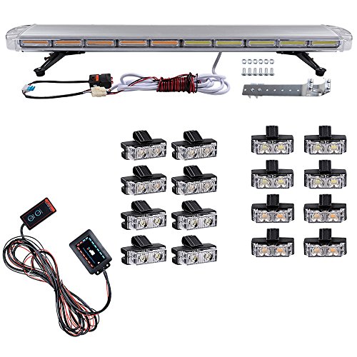 Combo AMBER WHITE 47 inch (2-COB LED Emergency Beacon Strobe Light Bar + 16pcs 2-LED Flashing Control Grille Strobe Light Warning Hazard Car Tow Truck Plow