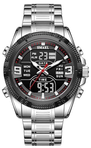 腕時計 メンズ デジタルウォッチ アナログ メタルバンド とけい ビジネス/カジュアル/通勤 多機能 ストップウォッチ アラーム 目ざまし時計 時報 5ATM防水 ミリタリースタイル ランニング 夜光LED Watch 曜日日付表示