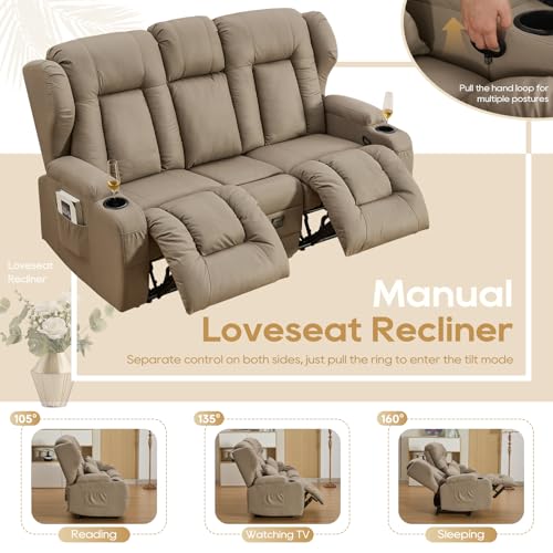Image of IPKIG 67 inch RV Loveseat Double Recliner Sofa with FILP Back Console, Storage Drawer, Side Pockets, Lychee Pattern Tech Fabric Manual Reclining Chair Home Theater Seating (Khaki)