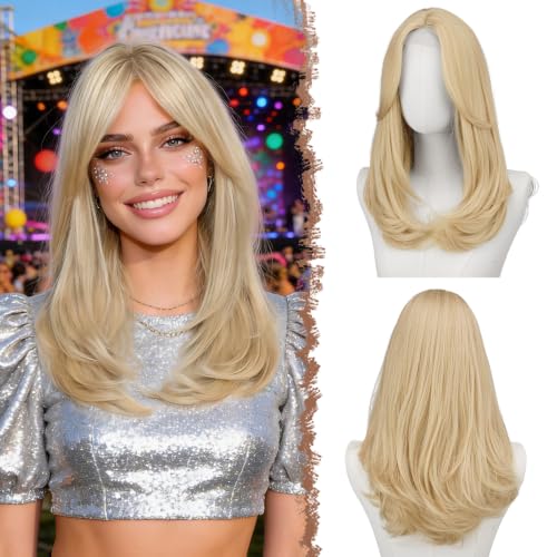FESHFEN Lace Front Hairline Wigs with Bangs, Synthetic Natural Looking Long Layered Straight Hair Wig for Women Daily Party Costume, 18 inch Light Blonde