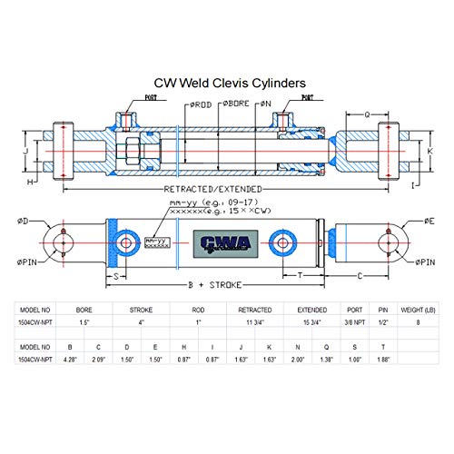 Image of CW Weld Clevis Cylinder 1 1 /2 inch Bore x 4 inch Stroke x 1 inch Rod x 3 /8 NPT Port x 3000 PSI