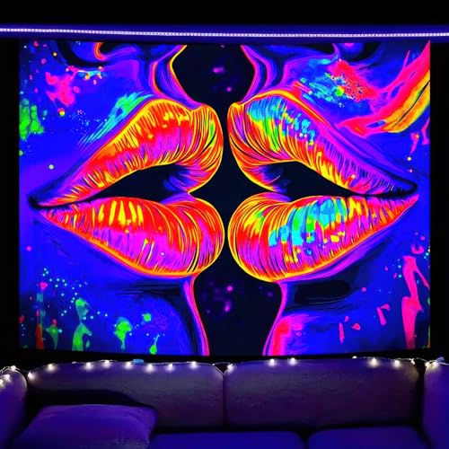 Image of BlissYard Blacklight Tapestry Lip Tapestry Glowing 78x59 Inch UV Reactive Large Neon Decoration Posters Wall Hanging for Home Living Room Bedroom Party Decor Photo Shoot Props