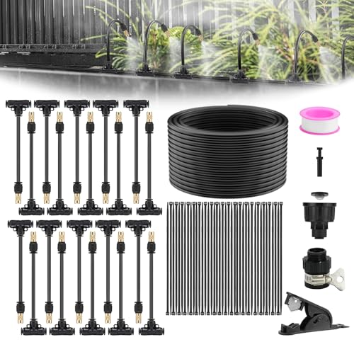 Feelhap Sistema de Riego y Refrigeracion por Nebulización de 20M con 20 Boquillas de Nebulización Ajustables,Juego de Emisores Automaticos Ajustables 360 Grados Sistema de Refrigeración para Plantas