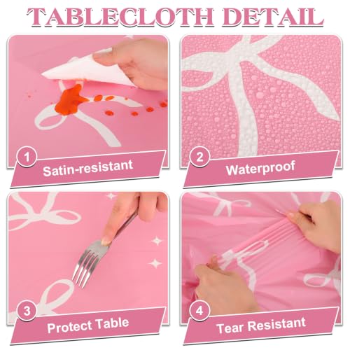 Image of 3 Pack Coquette Pink Bow Plastic Tablecloth, Pink and White Tablecloth
