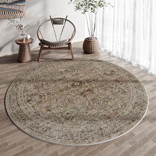 4x4 Washable Round Rug Brown Vintage Distressed Entryway Kitchen Non Slip Area Rug Living Room Bedroom Indoor Doormat Soft Accent Carpet for Entrance Dining Room Bathroom