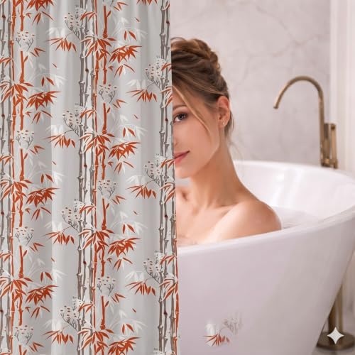 Image of Shower Curtain 7 Feet | Waterproof PVC Printed Bathroom Curtain with 8 Rings | Transparent Stone Print Bathtub Curtain | Extra Long Bathroom Liner, Waterproof & Easy to Clean (Orange Leaf,Pack Of 1)