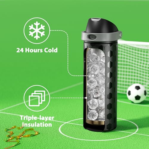 Image of 24 oz Insulated Water Bottle for Sports: Meoky Stainless Steel Soccer Water Bottle with 2-in-1 Lid - Leak Proof, Cold for 24 Hours, Fits in Car Cup Holder, Soccer Gifts for Boys Girls, Arena Night