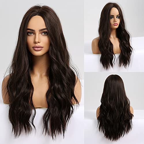 Jooler Brown Wig For Women Long Wig Dark Brown Wig Synthetic Wavy Wig Natural Hair Wig Body Wave Wigs Cosplay 24 Inch Middle Part #TOP4
