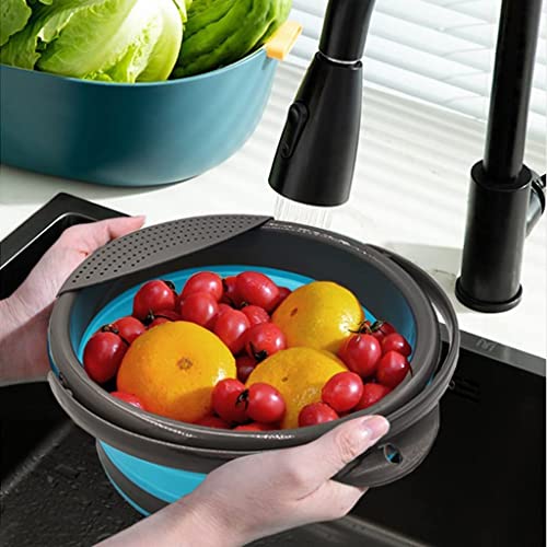 Cubo plegable portátil con asa y colador desmontable para verduras y frutas