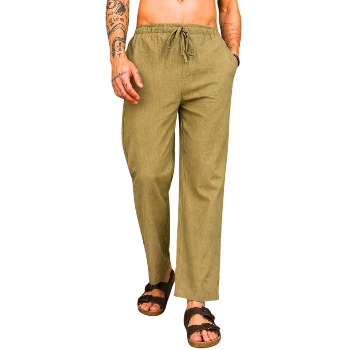 Men's Khakhi Cotton Linen Casual Pants | Breathable Summer Bottom Wear | Size L-picture-17