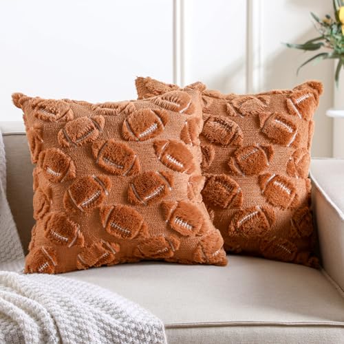 Lounsweer Football Pillow Covers 18x18 Inch Set of 2 Brown Football Embroidered Decorative Throw Cushion Covers Soft Plush Faux Fur Jacquard Cushion Case for Tailgate Game Day Sofa Couch