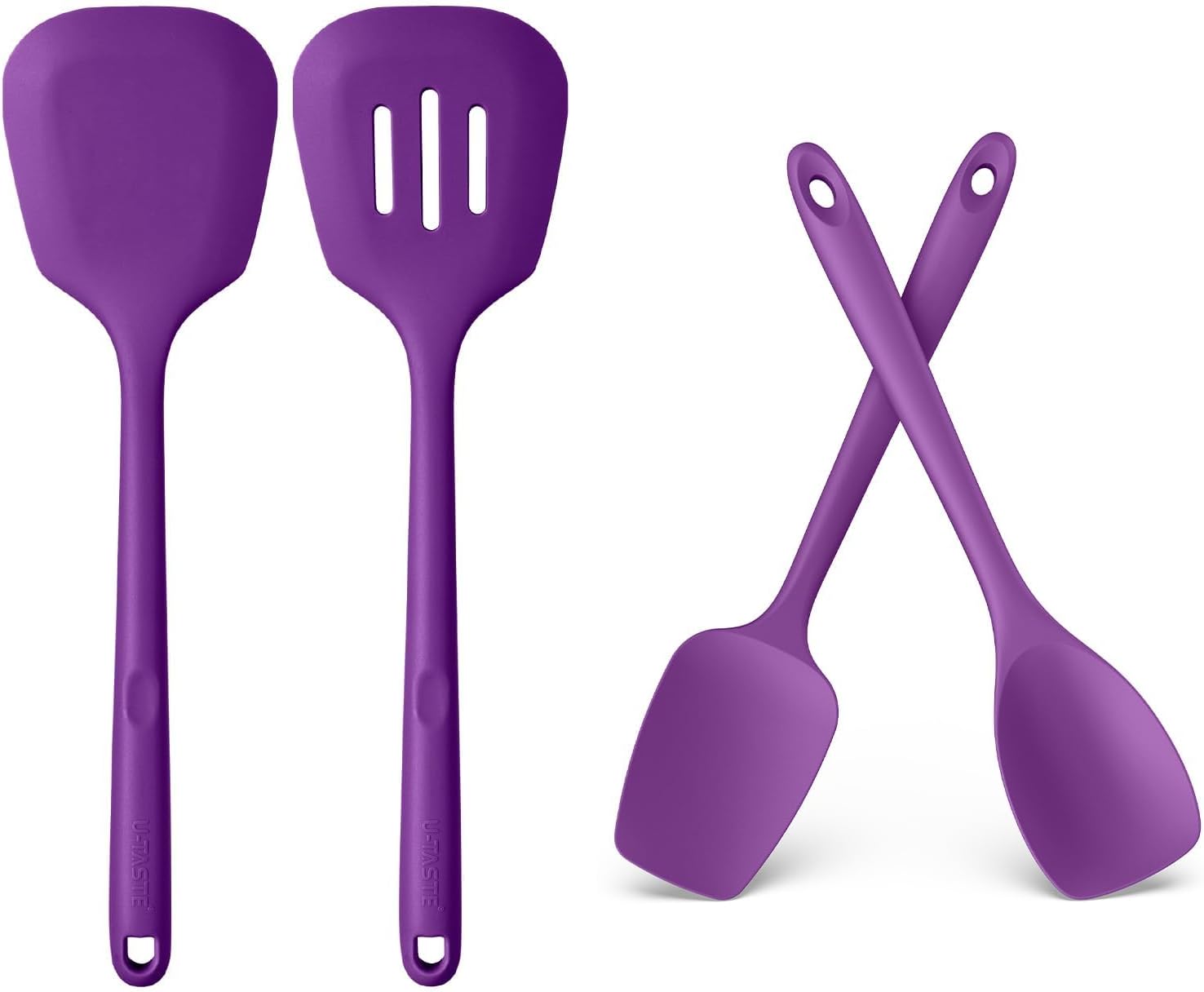 U-Taste 600ºF Heat Resistant 13.6in Long Solid & Slotted Silicone Turner and 600ºF Heat Resistat Silicone Flexible Baking Spoon Spatula & Cooking Scoop Spoonula (Purple)