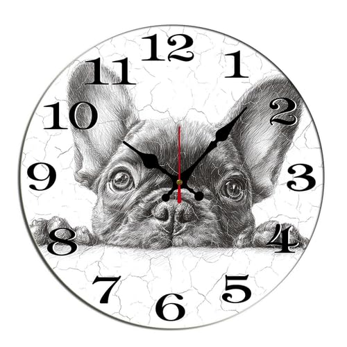 Horienteeon Orologio da parete con bulldog francese, cucciolo di cane, in legno, decorativo, decorativo, a batteria, al quarzo, silenzioso, per camera da letto, soggiorno, cucina, bar, rotondo, 25,4
