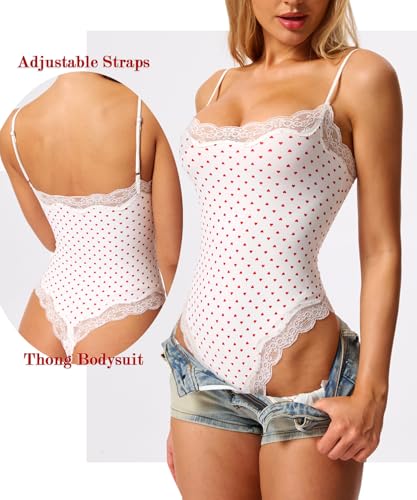 Image of Navneet Women Sexy Lace Bodysuit Lace Trim High Cut Thong Spaghetti Strap Cami Bodysuit Going Out Tank Tops Body Suit