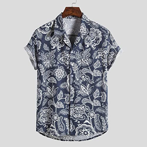 Chemise aloha homme manches courtes imprimé tropical bleu coton et lin bohème