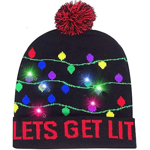 Jolik Light Christmas Hat Christmas Beanie Hat, 3 Flashing Modes and 6 Colorful Xmas Knit Beanie for Christmas Party Supplies，Black Cover