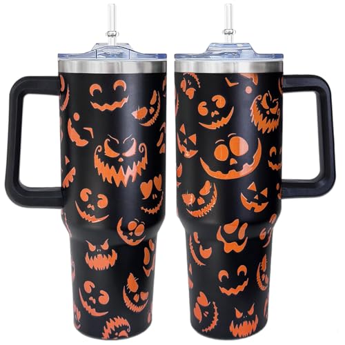 CHOKOMETRY 40 oz Halloween Tumbler With Handle Lid and Straw,5D Orange Pumpkin Ghost Face Print Tumblers,Halloween Stainless Steel Insulated Travel Mug Black Coffee Cup Gifts for Women Men Adults