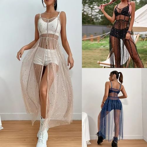 Women's Tulle Sheer Mesh Sequin Swimsuit Cover Up Sparkly Flowy Long Maxi Slit Dress Rave Festival Sexy Outfits3