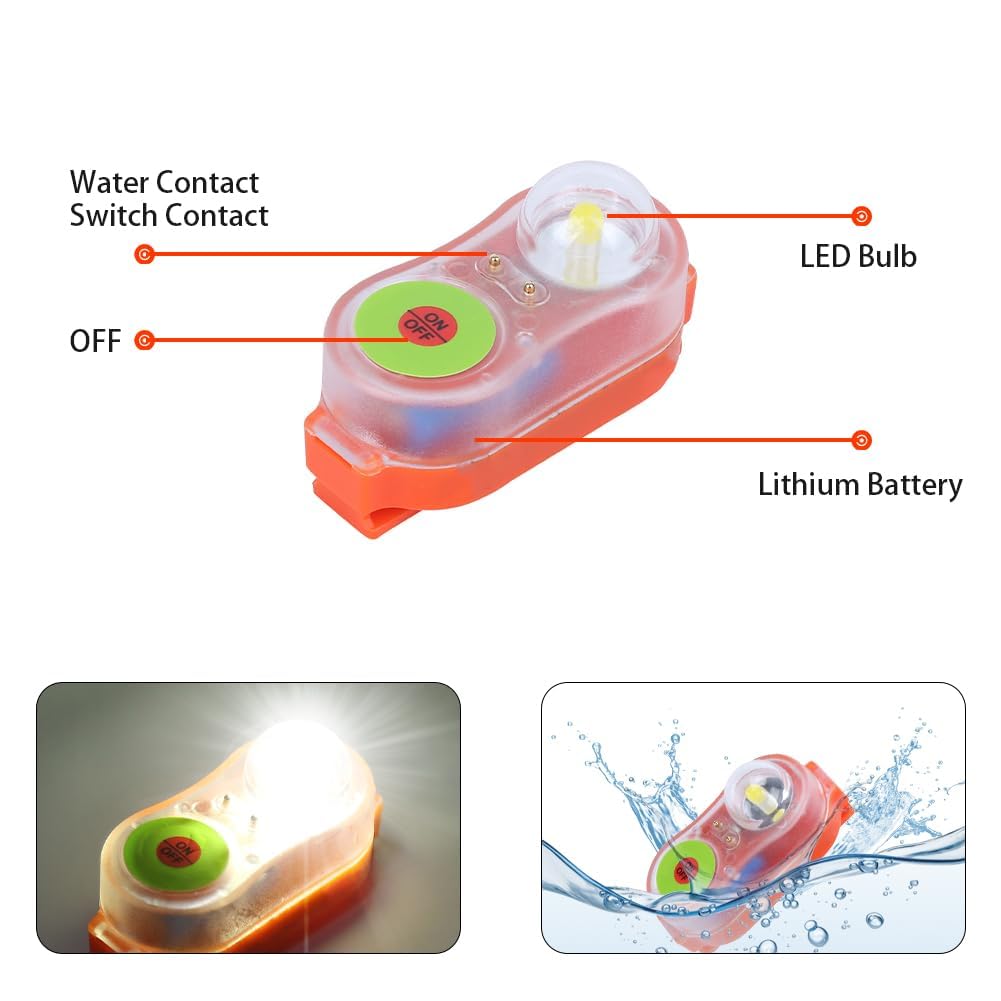 Luz Estroboscópica para Chaleco Salvavidas, Lámpara LED Automática de Litio Autónoma en Agua Linterna Rescate Conspicua en Casos de Emergencia por Abordaje Activa Agua Rayo Alta Intensidad(Naranja)