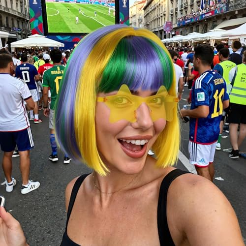 Image of ANOGOL Hair Cap + (Sunglasses) Green Blue Yellow Bob Wig with Bangs Womens Green Party Wigs with Sunglasses Short Neon Wig Fun Wigs Halloween Costume Bachelorette Hair Sports Event St Patrick Day