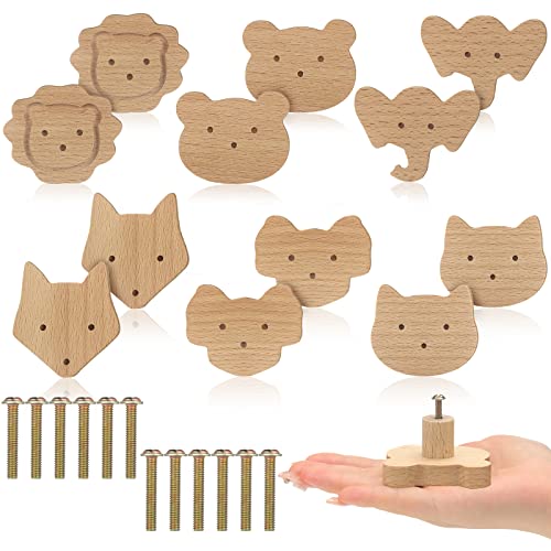 Qunclay 12 Set Wooden Animal Dresser Knobs Decorative Nursery Wood Drawer Pulls with Screws Furniture Pulls Handles for Nursery Home Bedroom Kitchen Cabinets Hardware Cupboard (Cute)