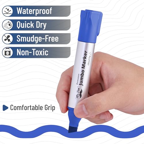 Image of Mr. Pen- Jumbo Permanent Markers, 4 Pack, Blue, Chisel Tip, Wide Tip, Large | Thick Permanent Markers for Canvas, Posters Board, Fabric, Window, Glass, Wood, Waterproof, Quick Dry