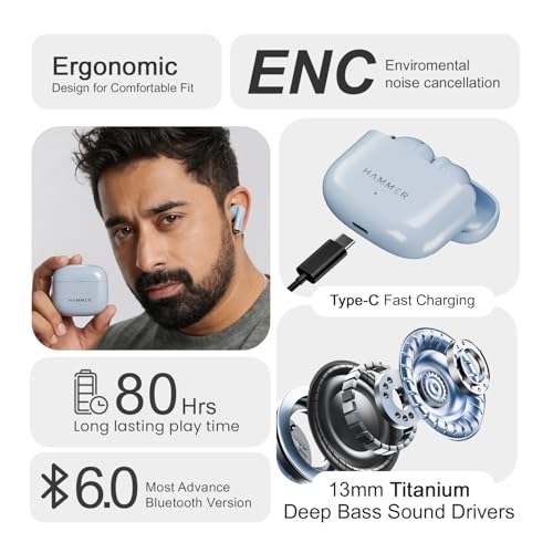 Image of HAMMER Solo Earbuds with 80H Playtime, Bluetooth v6.0, 13mm Drivers, Fast Charging, Blue