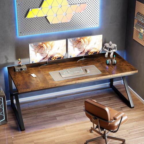 Image of HSH Large Rustic Brown Computer Desk, 70 Inch Home Office Metal Wood Desk for 2 Person, Farmhouse Extra Long Writing Study Gaming Table, Bedroom Living Room PC Laptop Dual Monitor Desk