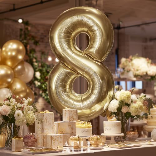 Image of AULE 40 Inch Large 8 Balloon Numbers Light Gold, Big Foil Number Balloons, Giant Helium Happy Birthday Party Decorations for Man and Women, Huge Mylar Anniversary Party Supplies