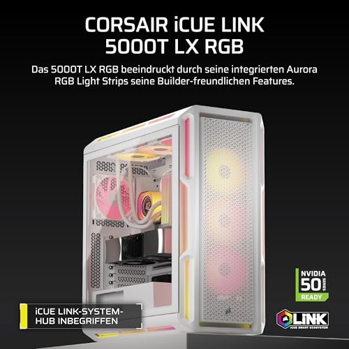 Corsair iCUE LINK 5000T LX RGB Mid-Tower ATX PC-Gehäuse – 3X Vorinstallierte LX120 Lüfter, Integriert Aurora Lichtstreifen… – Ansicht 2